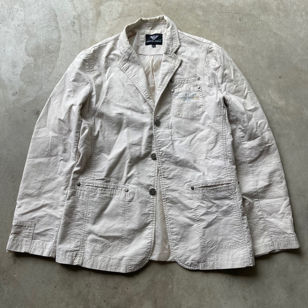 Vintage Giorgio Armani Mens XXL Off White Logo Graphic Blazer Jacket Ivory